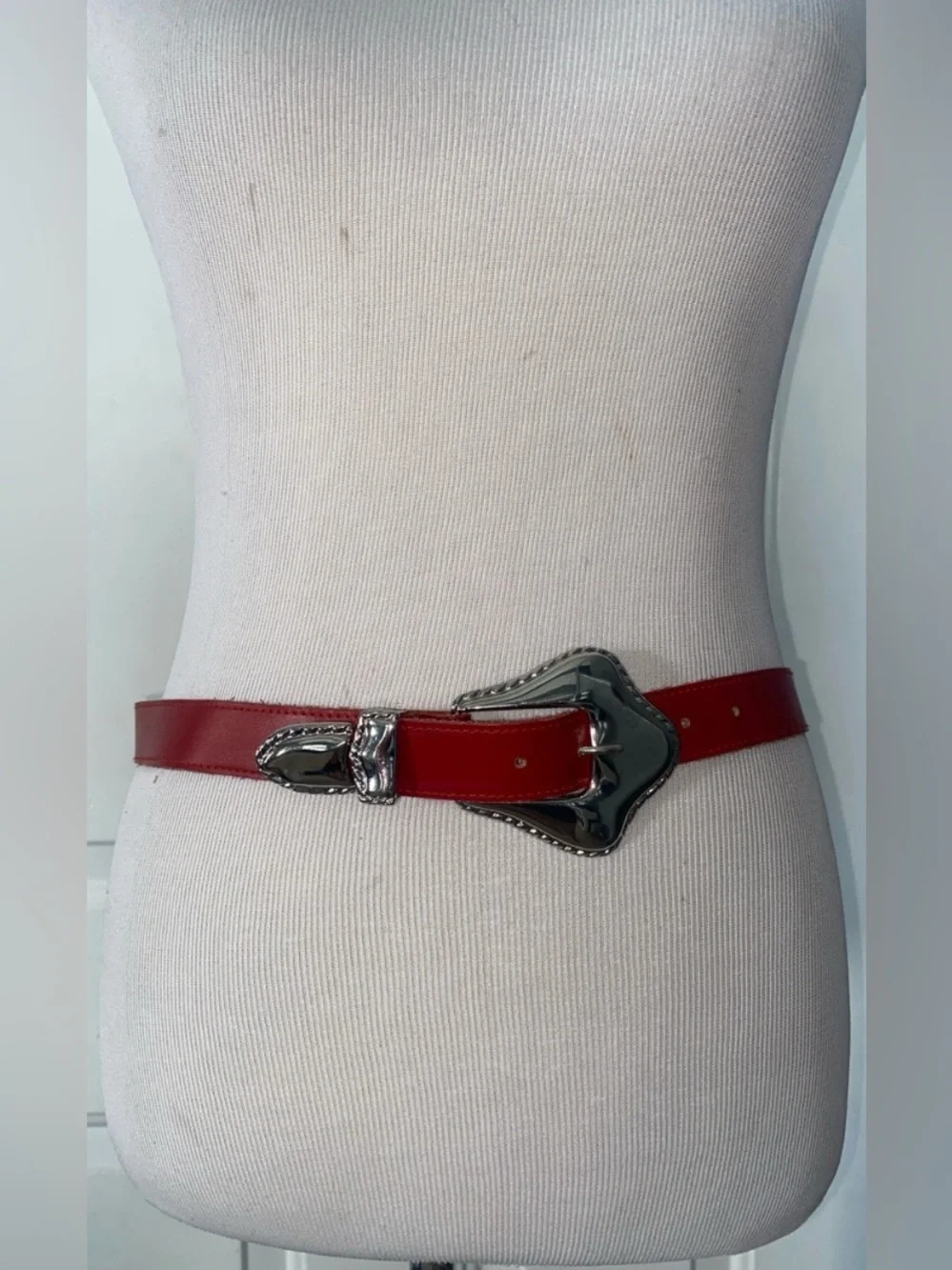Vintage L. Chessler Red Leather Western-Style Belt with Silver Buckle
